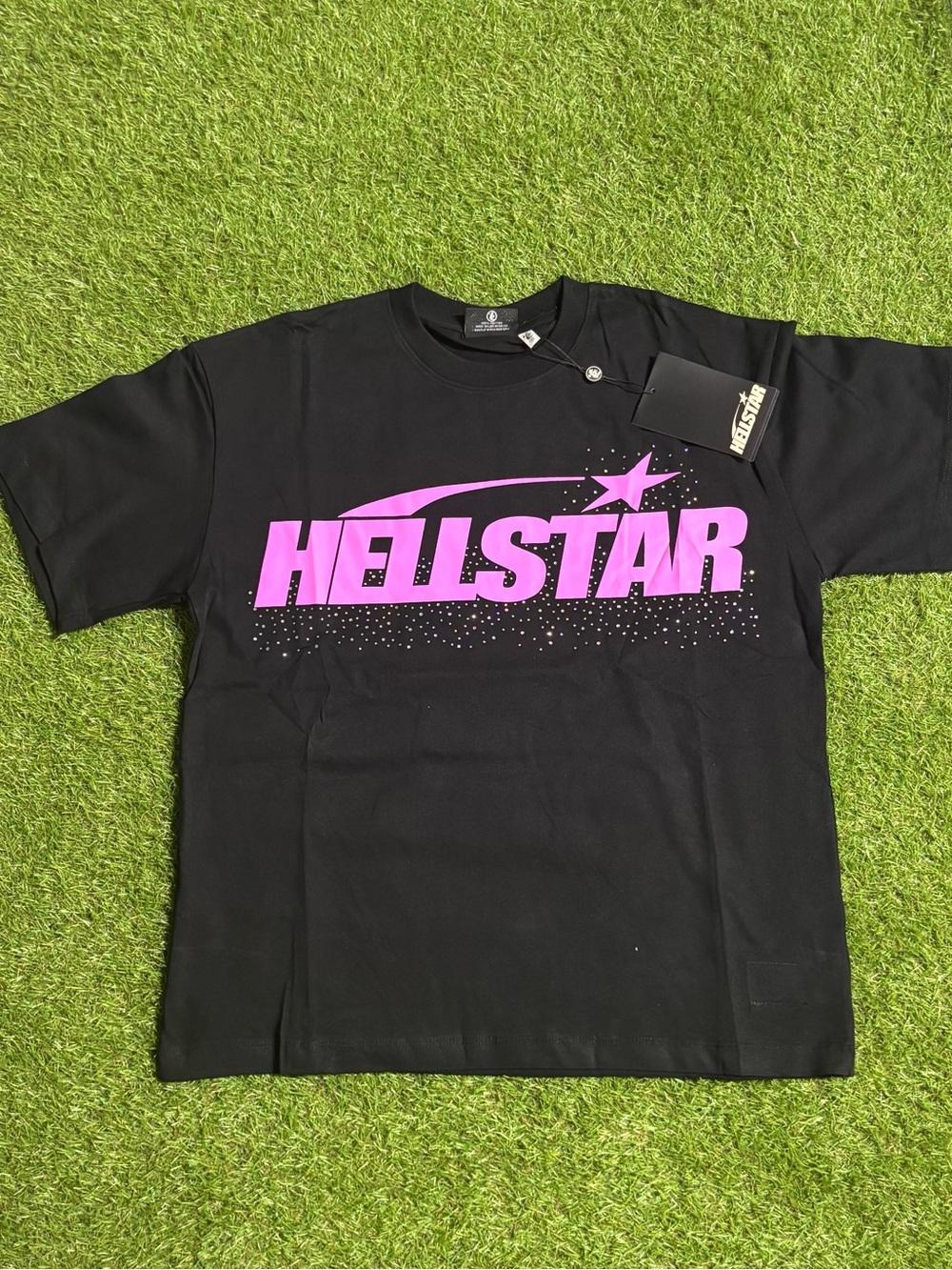 Men's Black & Pink Hellstar Short Sleeve Tee with rhinestone